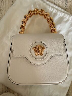 Versace Cream Leather Top-Handle Satchel with Gold Medusa Chain